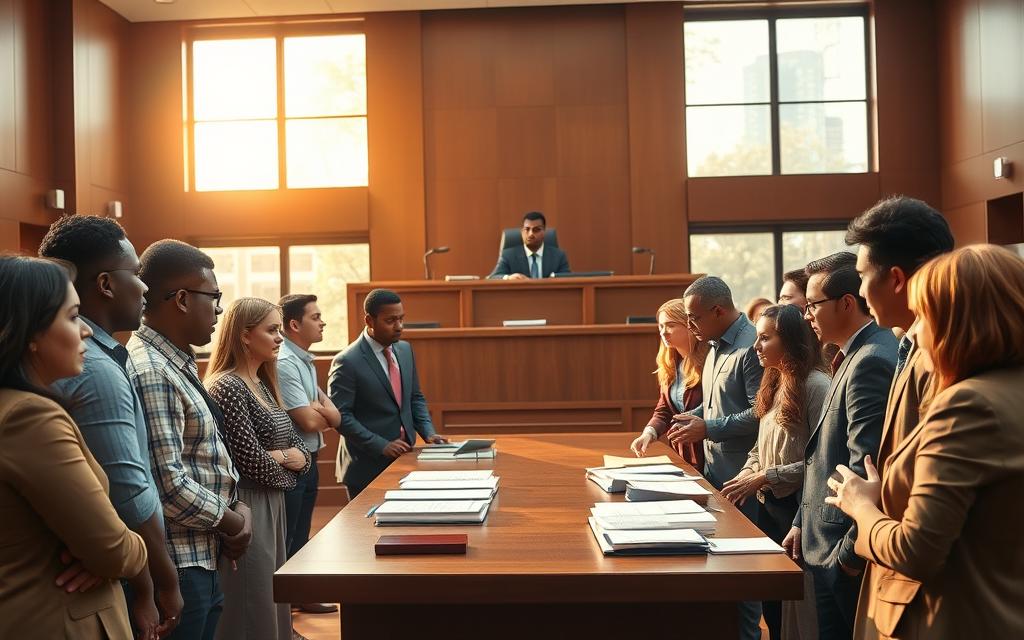 A Modern Courtroom Setting, Illuminated By Warm, Natural Lighting Pouring Through Large Windows. In The Foreground, A Group Of Diverse Individuals Stand Together, Their Expressions Resolute As They Discuss Legal Strategies. In The Middle Ground, A Mahogany Table Is Surrounded By Attentive Lawyers, Poring Over Documents And Gesturing Animatedly. In The Background, The Imposing Presence Of The Judge'S Bench Looms, Hinting At The Gravity Of The Proceedings. The Atmosphere Is One Of Determination And Collective Action, As The Individuals Band Together To Fight For Their Rights.