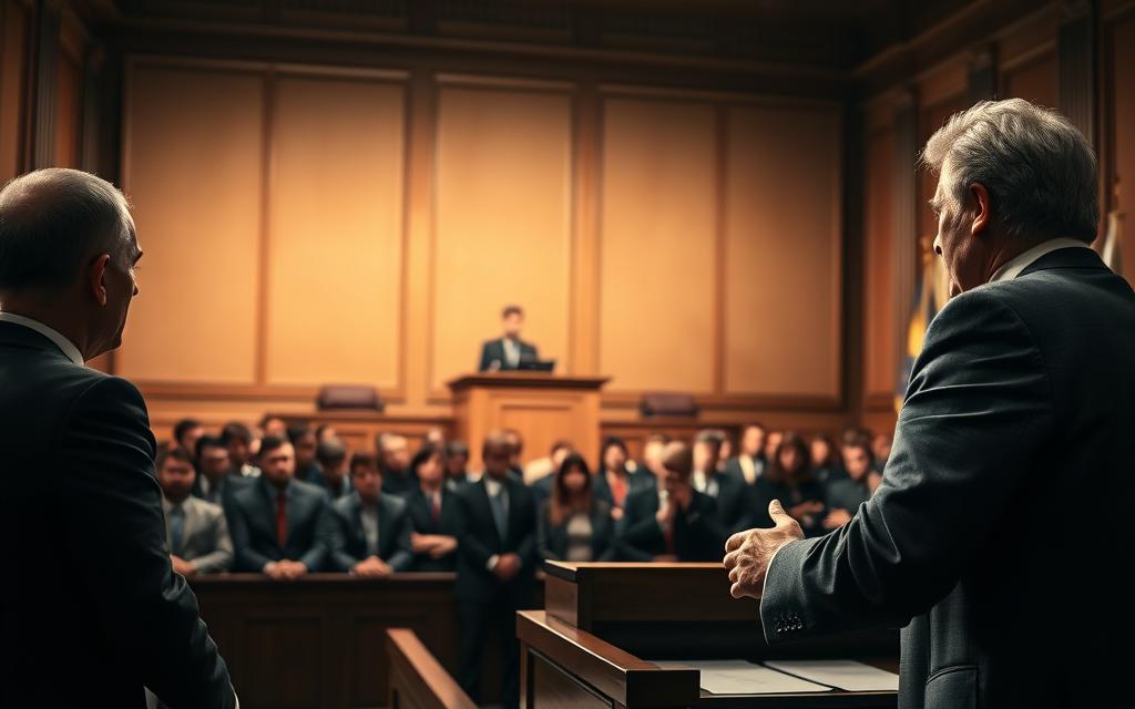 A Courtroom Scene With A Defense Attorney Presenting Their Case. In The Foreground, The Lawyer Stands At The Podium, Their Expression Intense As They Argue Their Points. Behind Them, The Witness Stand And Judge'S Bench Are Visible, Bathed In Soft, Dramatic Lighting. In The Middle Ground, The Jury Leans Forward, Captivated By The Proceedings. In The Background, The High-Ceilinged Courtroom Is Rendered In Striking Chiaroscuro, Conveying The Gravity And Importance Of The Moment. The Overall Atmosphere Is One Of Focused Determination And High-Stakes Legal Maneuvering. A Courtroom Scene With A Defense Attorney Presenting Their Case. In The Foreground, The Lawyer Stands At The Podium, Their Expression Intense As They Argue Their Points. Behind Them, The Witness Stand And Judge'S Bench Are Visible, Bathed In Soft, Dramatic Lighting. In The Middle Ground, The Jury Leans Forward, Captivated By The Proceedings. In The Background, The High-Ceilinged Courtroom Is Rendered In Striking Chiaroscuro, Conveying The Gravity And Importance Of The Moment. The Overall Atmosphere Is One Of Focused Determination And High-Stakes Legal Maneuvering.