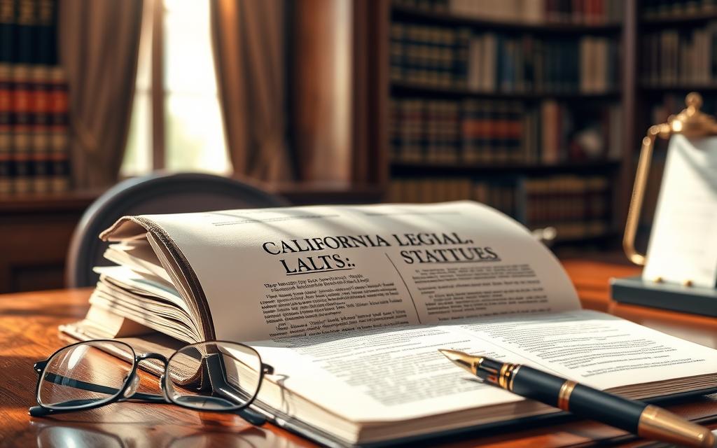 A Large, Leather-Bound Book Titled &Quot;California Legal Statutes&Quot; Rests On A Mahogany Desk, Sunlight Streaming Through A Nearby Window. The Book'S Pages Are Detailed With Intricate Typography And Dense Legal Text. In The Foreground, A Pair Of Reading Glasses And A Fountain Pen Suggest An Attorney At Work, While The Background Depicts A Bookshelf Filled With Legal Tomes, Casting A Warm, Scholarly Atmosphere. The Image Is Captured With A Shallow Depth Of Field, Emphasizing The Importance Of The Central Legal Text. A Large, Leather-Bound Book Titled &Quot;California Legal Statutes&Quot; Rests On A Mahogany Desk, Sunlight Streaming Through A Nearby Window. The Book'S Pages Are Detailed With Intricate Typography And Dense Legal Text. In The Foreground, A Pair Of Reading Glasses And A Fountain Pen Suggest An Attorney At Work, While The Background Depicts A Bookshelf Filled With Legal Tomes, Casting A Warm, Scholarly Atmosphere. The Image Is Captured With A Shallow Depth Of Field, Emphasizing The Importance Of The Central Legal Text.