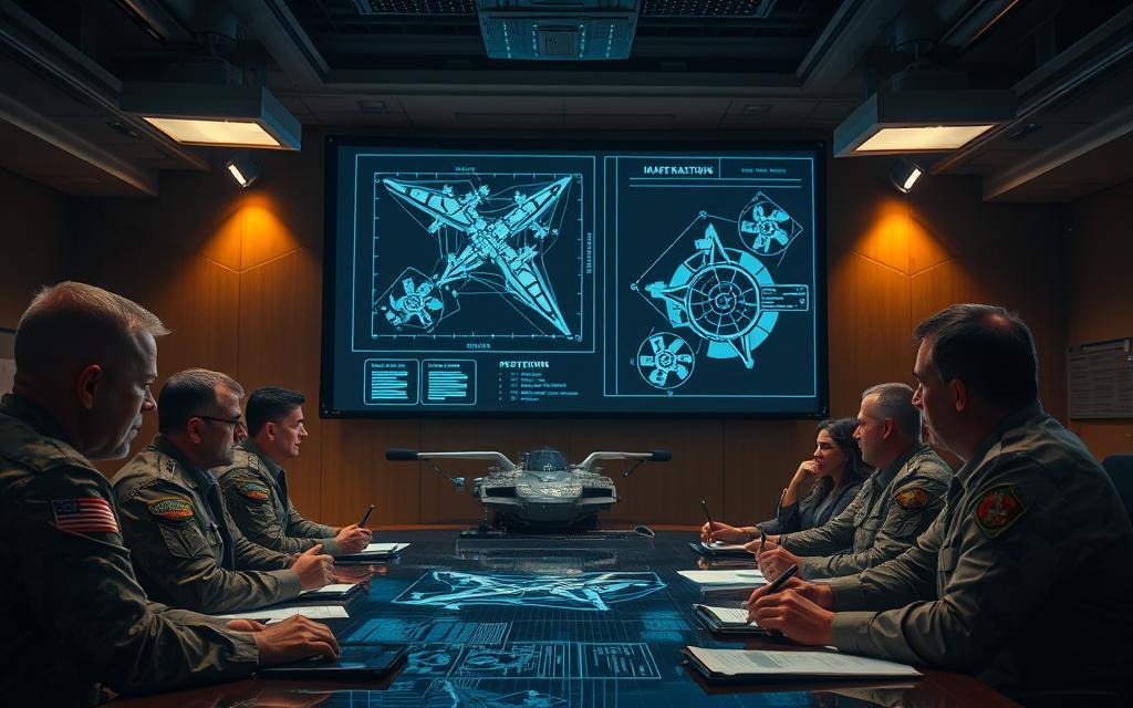 A Strategic Defense Planning Meeting In A Dimly Lit Conference Room, With A Large Holographic Display Projecting Intricate Defense Schematics. The Atmosphere Is Tense And Serious, With Military Leaders And Analysts Poring Over Data And Discussing Tactical Maneuvers. Warm Lighting From Overhead Fixtures Casts A Subtle Glow, Highlighting The Concentration On The Faces Of The Participants. The Camera Angle Is Slightly Elevated, Capturing The Sense Of Importance And Gravity Of The Situation. The Background Is Muted, With Subtle Hints Of Technology And Military Hardware, Allowing The Focus To Remain On The Planning Session At Hand. A Strategic Defense Planning Meeting In A Dimly Lit Conference Room, With A Large Holographic Display Projecting Intricate Defense Schematics. The Atmosphere Is Tense And Serious, With Military Leaders And Analysts Poring Over Data And Discussing Tactical Maneuvers. Warm Lighting From Overhead Fixtures Casts A Subtle Glow, Highlighting The Concentration On The Faces Of The Participants. The Camera Angle Is Slightly Elevated, Capturing The Sense Of Importance And Gravity Of The Situation. The Background Is Muted, With Subtle Hints Of Technology And Military Hardware, Allowing The Focus To Remain On The Planning Session At Hand.