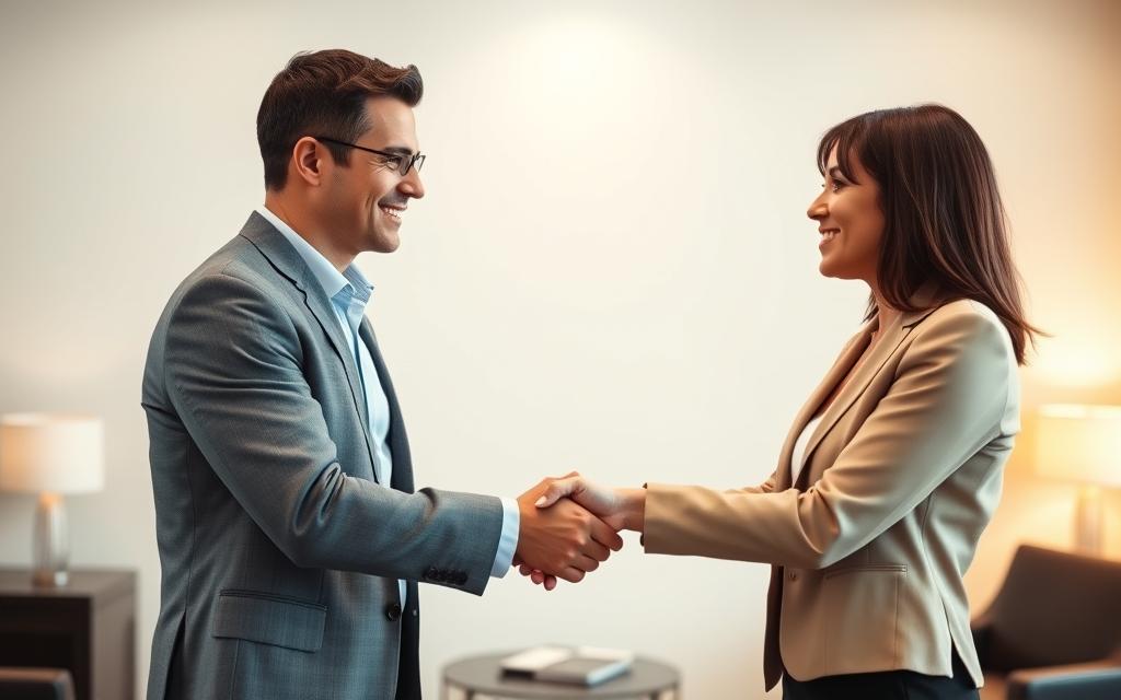 A Well-Lit, Professional Office Setting With A Handshake Between A Client And An Attorney, Conveying A Smooth Transition To A New Legal Representation. The Client And Attorney Are Dressed In Formal Attire, Facing Each Other With An Expression Of Mutual Understanding And Trust. Soft, Warm Lighting Illuminates The Scene, Creating A Calming Atmosphere. The Background Is Minimalist, With Simple Furnishings And Decor That Suggest A High-End, Reputable Law Firm. The Composition Is Balanced, With The Handshake As The Focal Point, Emphasizing The Seamless Transfer Of Legal Services.